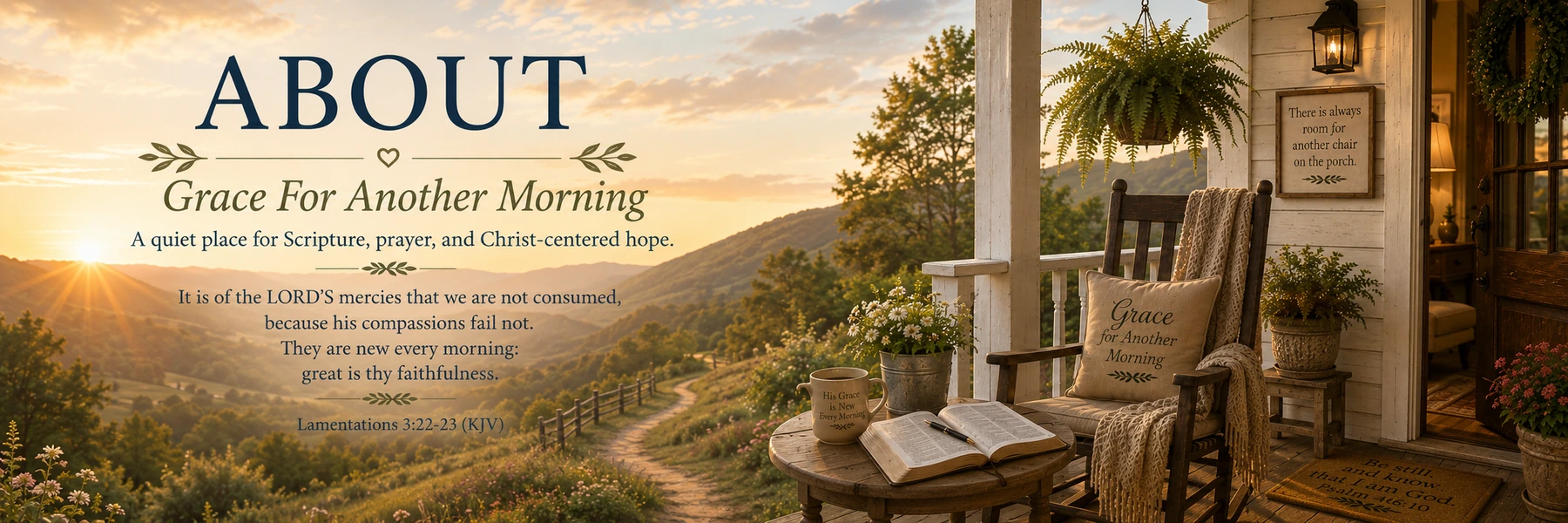 Sunrise over a peaceful mountain porch with an open Bible and the words About Grace For Another Morning.