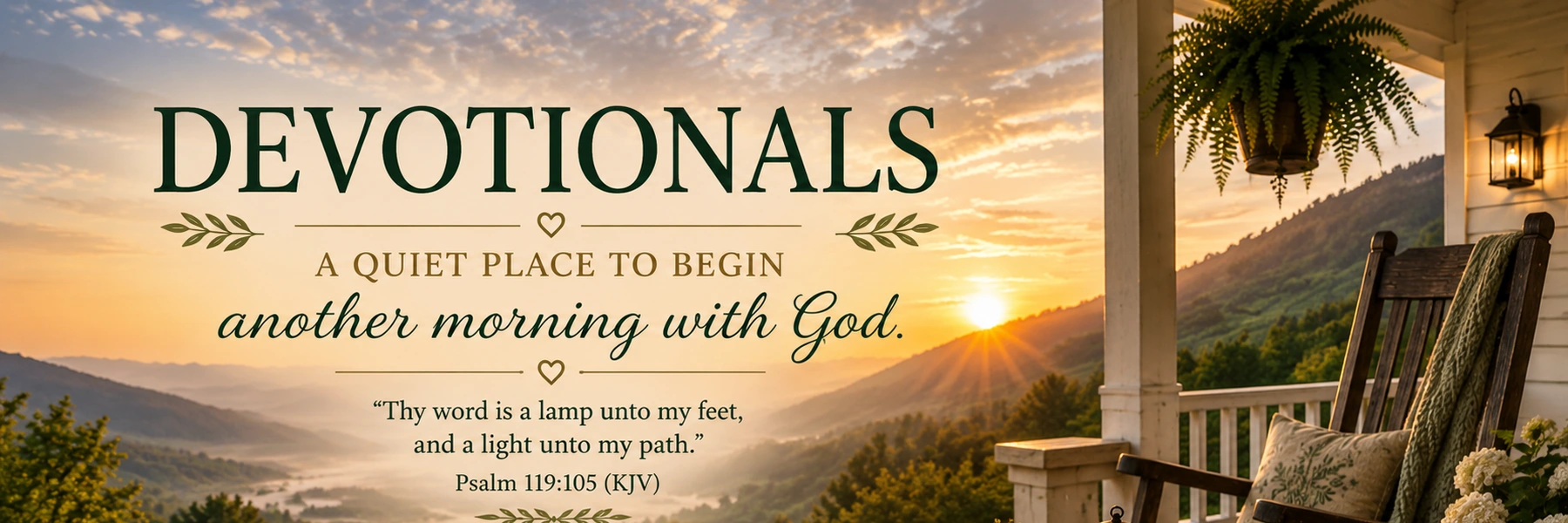 Open Bible, notebook, and coffee on a quiet sunrise porch overlooking the mountains.