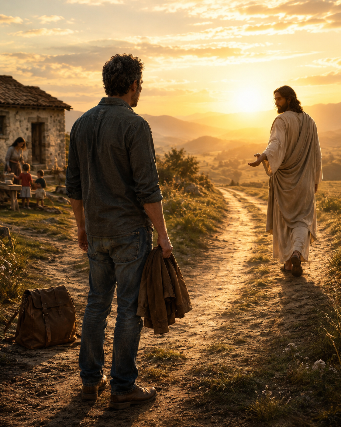 When Following Jesus Cannot Wait Jesus walking along a sunlit path and inviting a man to follow, while the man stands between the road ahead and the responsibilities of home and family behind him.